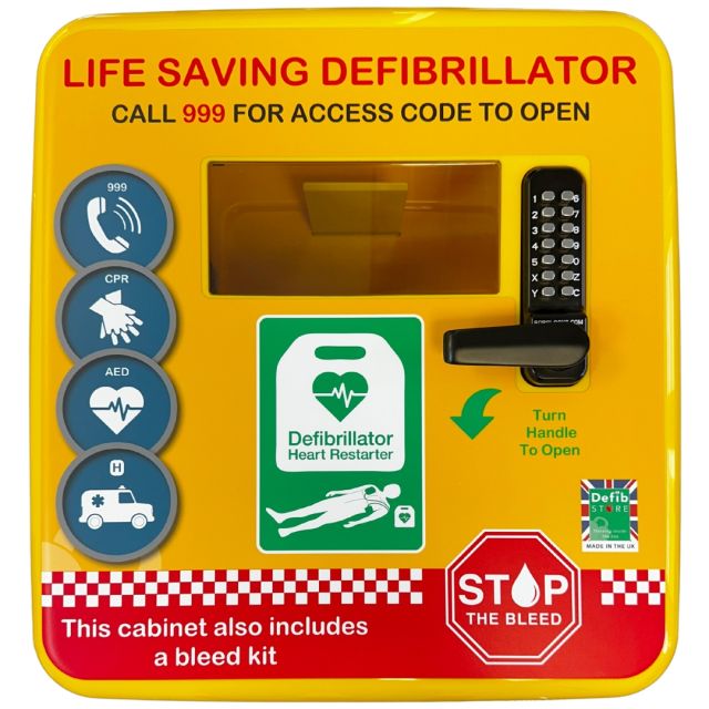 Defib Store 4000 Combined Defibrillator & Bleed Control Cabinet for AED and Bleed Kit protection, designed for public spaces and emergencies, featuring access code instructions, a keypad lock, and clear emergency icons.

Image of the Defib Store 4000 Co