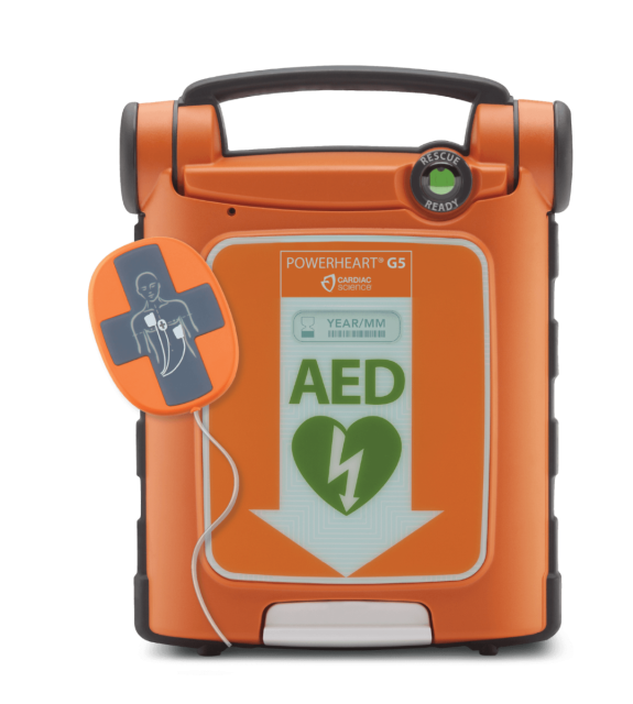 Orange Cardiac Science Powerheart G5 defibrillator front face with AED on the front