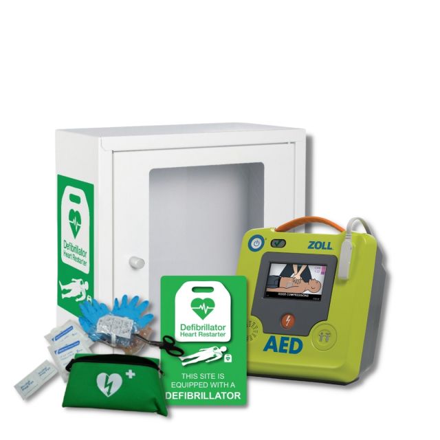 Indoor Alarmed Defibrillator Cabinet with ZOLL AED 3 defibrillator, rescue ready kit and an A5 wall sign.