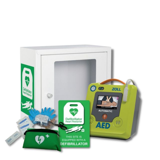 Indoor Alarmed Defibrillator Cabinet with ZOLL AED 3 Fully-Automatic defibrillator, rescue ready kit and an A5 wall sign.